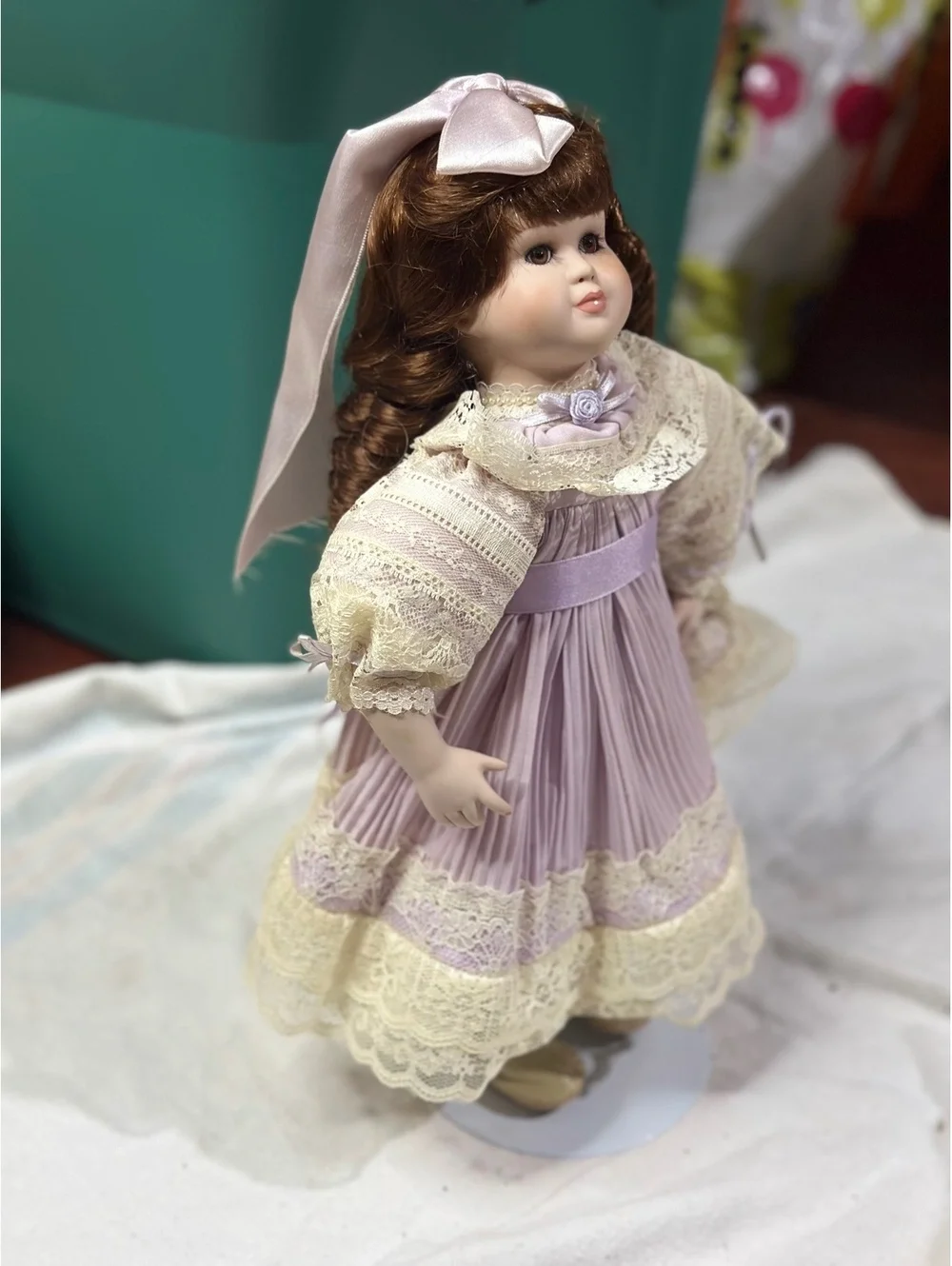 Vintage Porcelain Doll with Lavender Dress and Lace Details